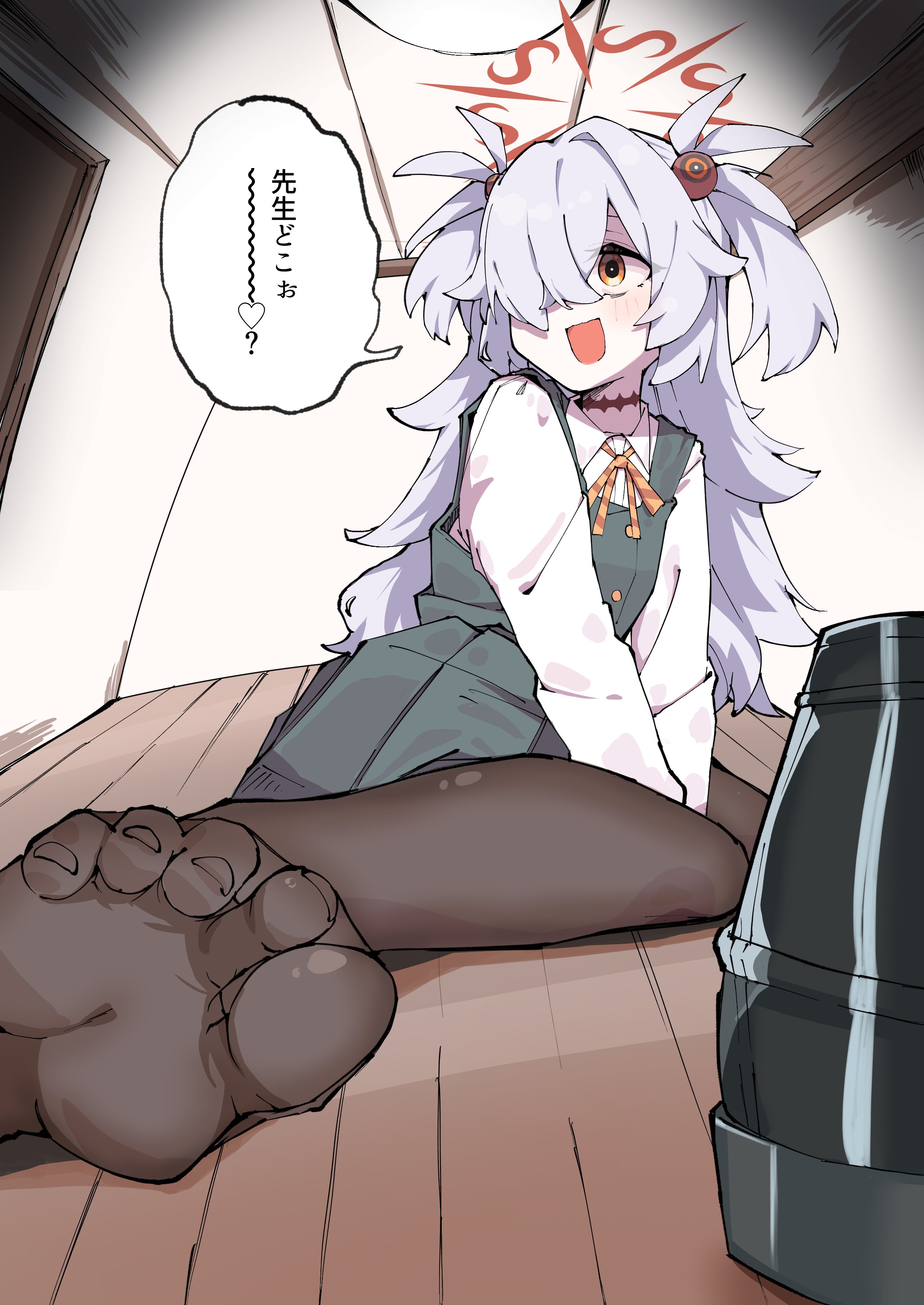 yakiniku-joan., kanoe (blue archive), blue archive, absurdres, commentary, commission, highres, skeb commission, translated, 1girl, :d, aqua dress, arm support, black eyes, black pantyhose, blush, bright pupils, brown eyes, choker, collared shirt, dress, eyeball hair ornament, feet, foreshortening, grey hair, hair intakes, hair over one eye, halo, heart, height difference, indoors, long bangs, long hair, long sleeves, looking to the side, multicolored eyes, neck ribbon, no shoes, on floor, one eye covered, open mouth, orange ribbon, pantyhose, pinafore dress, pleated dress, pov, red halo, ribbon, school uniform, shirt, sitting, sleeveless, sleeveless dress, smile, soles, solo, speech bubble, spiked hair, toenails, toes, two-tone eyes, two side up, v arms, very long hair, wariza, white pupils, white shirt