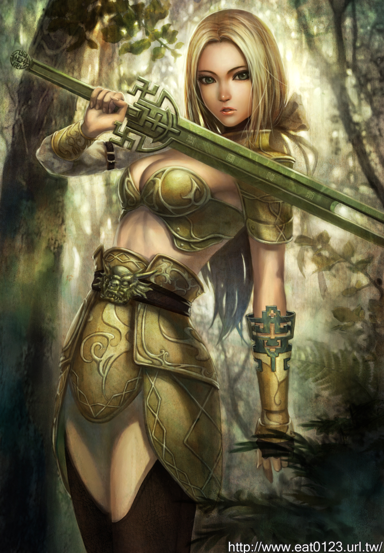 eat, eat0123, original, 1girl, armor, blonde hair, breasts, cleavage, female focus, green eyes, lips, long hair, solo, sword, watermark, weapon