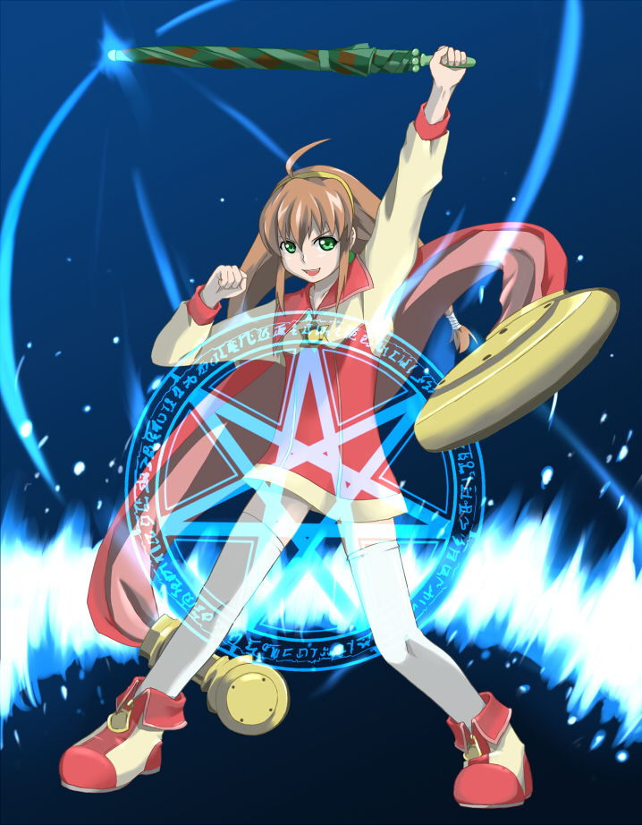 st rx, lilka eleniak, wild arms, wild arms 2, 1girl, ahoge, arm up, blue thighhighs, brown hair, cape, closed umbrella, female focus, green eyes, hairband, long hair, low-tied long hair, magic circle, smile, solo, thighhighs, twintails, umbrella, white thighhighs