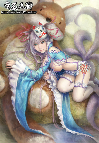 eat, eat0123, original, 1girl, breasts, female focus, fox mask, green eyes, huge breasts, legs, lips, long hair, mask, purple hair, solo, tail, thighhighs, watermark