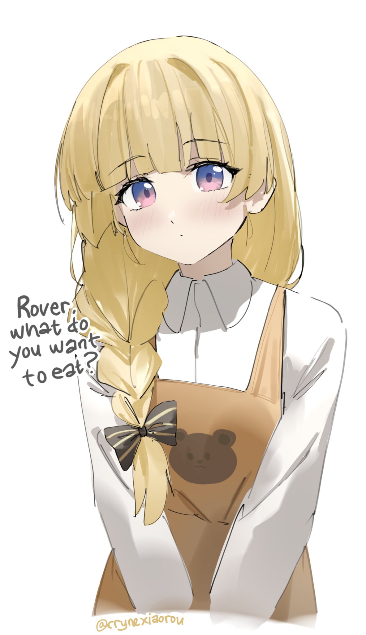 cryne, phoebe (wuthering waves), wuthering waves, commentary, highres, 1girl, alternate costume, alternate hairstyle, apron, black bow, blonde hair, blue eyes, blush, bow, braid, closed mouth, collared shirt, english text, hair bow, long hair, looking at viewer, low-braided long hair, low-tied long hair, multicolored eyes, pink eyes, shirt, simple background, solo, striped bow, twitter username, two-tone eyes, upper body, white background, white shirt