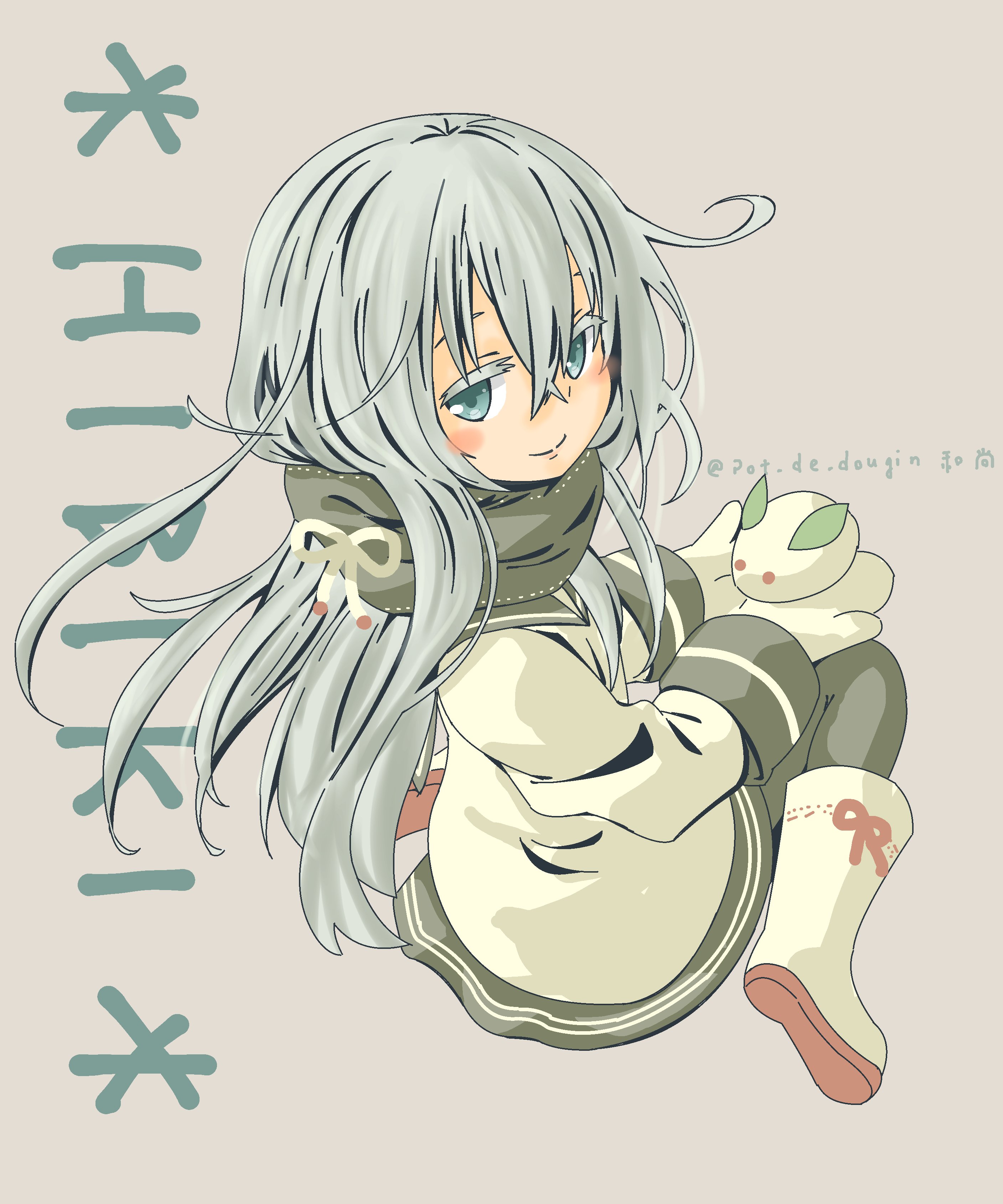 pot-de, hibiki (kancolle), kantai collection, absurdres, commentary, highres, symbol-only commentary, 1girl, black pantyhose, black sailor collar, boots, character name, coat, grey background, grey eyes, grey hair, grey scarf, long hair, pantyhose, sailor collar, scarf, simple background, smile, snow rabbit, solo, twitter username, white boots, white coat