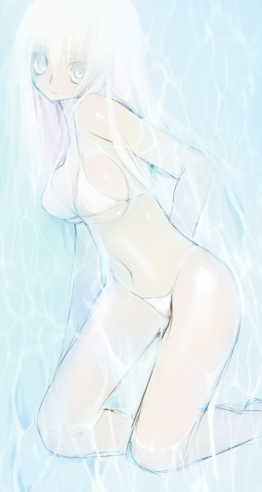 saibashi, original, 1girl, bikini, breasts, female focus, kneeling, large breasts, long hair, pale color, solo, swimsuit, underboob, water, wet, white eyes, white hair
