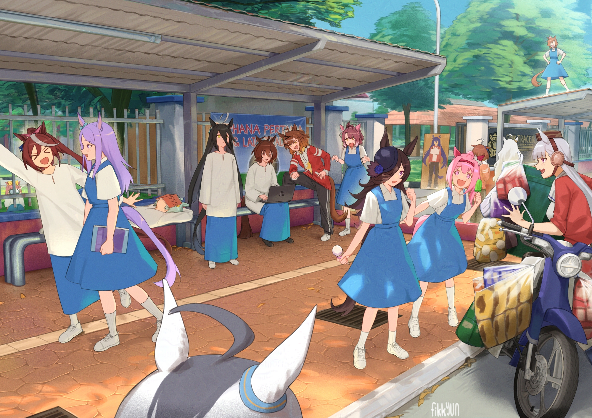 fikkyun, agnes digital (umamusume), agnes tachyon (umamusume), biwa hayahide (umamusume), dantsu flame (umamusume), gold ship (umamusume), haru urara (umamusume), hishi amazon (umamusume), jungle pocket (umamusume), manhattan cafe (umamusume), meisho doto (umamusume), mejiro mcqueen (umamusume), oguri cap (umamusume), rice shower (umamusume), seiun sky (umamusume), t.m. opera o (umamusume), tokai teio (umamusume), umamusume, highres, translated, 6+girls, animal ears, artist name, baju kurung, banner, black shoes, book on face, cardboard cutout, chair, computer, day, dress, faceless, feet on chair, fence, food, gate, horse ears, horse tail, ice cream, iron fence, jacket, jersey, laptop, malay text, malaysia, malaysian secondary school uniform, motor vehicle, motorcycle, multiple girls, pants, pinafore dress, red jacket, school, school uniform, shoes, sleeping, sleeveless, sleeveless dress, sleeves past wrists, snack, socks, standing on roof, tail, track pants, tree, typing, white shoes, white socks