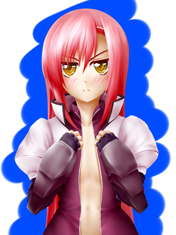 katsura hinagiku, signum, hayate no gotoku!, lyrical nanoha, mahou shoujo lyrical nanoha, mahou shoujo lyrical nanoha a's, blush, cosplay, crossover, flat chest, long hair, navel, open clothes, open shirt, parody, pink hair, shirt, signum (cosplay), solo, yellow eyes
