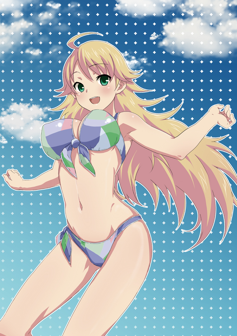tokita arumi, hoshii miki, idolmaster, idolmaster (classic), 00s, 1girl, ahoge, bikini, blonde hair, breasts, female focus, long hair, side-tie bikini bottom, sky, solo, swimsuit