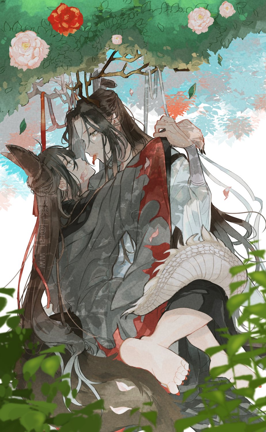 amana raika, lan wangji, wei wuxian, wei wuxian (yiling laozu), modao zushi, commentary request, highres, 2boys, ahoge, animal ears, antlers, barefoot, bishounen, black eyes, black hair, black hanfu, blurry, blurry foreground, brown hair, chinese clothes, closed mouth, coat, couple, day, dragon boy, dragon horns, dragon tail, eastern dragon horns, eastern dragon tail, eye contact, face-to-face, falling leaves, falling petals, feet, flower, fox boy, fox ears, fox tail, full body, grey coat, hair down, hair ribbon, half updo, hand on another's shoulder, hanfu, holding another's wrist, horns, hug, kemonomimi mode, leaf, long hair, long sleeves, looking at another, male focus, mouth hold, multiple boys, nail polish, official alternate costume, official alternate hairstyle, outdoors, petal in mouth, petals, pink flower, plant, pointy ears, profile, red flower, red ribbon, ribbon, robe, rose, scales, sidelocks, sitting, sitting on lap, sitting on person, soles, tail, topknot, tree, twitter username, very long hair, watermark, white hanfu, white ribbon, wide sleeves, xiao guan (headdress), yaoi, yellow eyes