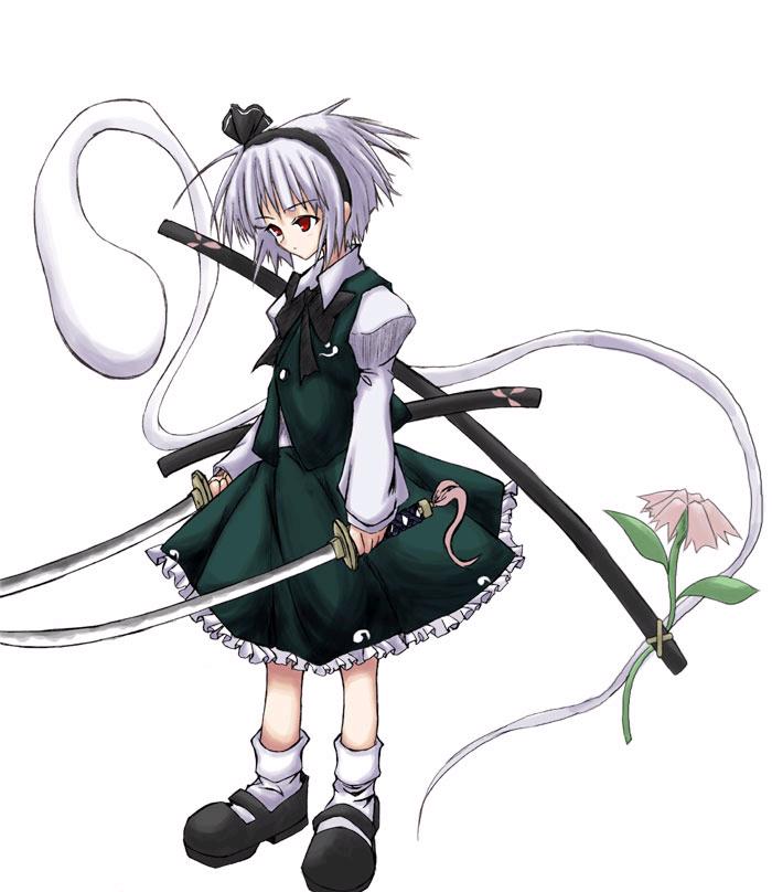 kurousou, konpaku youmu, konpaku youmu (ghost), touhou, 1girl, dual wielding, female focus, flower, hitodama, holding, katana, solo, sword, weapon