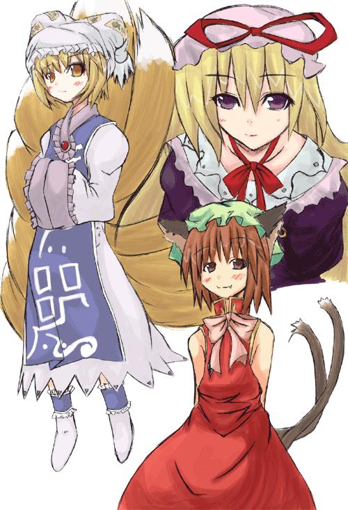 kurousou, chen, yakumo ran, yakumo yukari, touhou, jpeg artifacts, 3girls, female focus, multiple girls