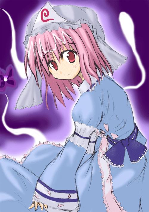 kurousou, saigyouji yuyuko, touhou, 1girl, dress, female focus, gradient background, hat, japanese clothes, pink eyes, pink hair, short hair, solo