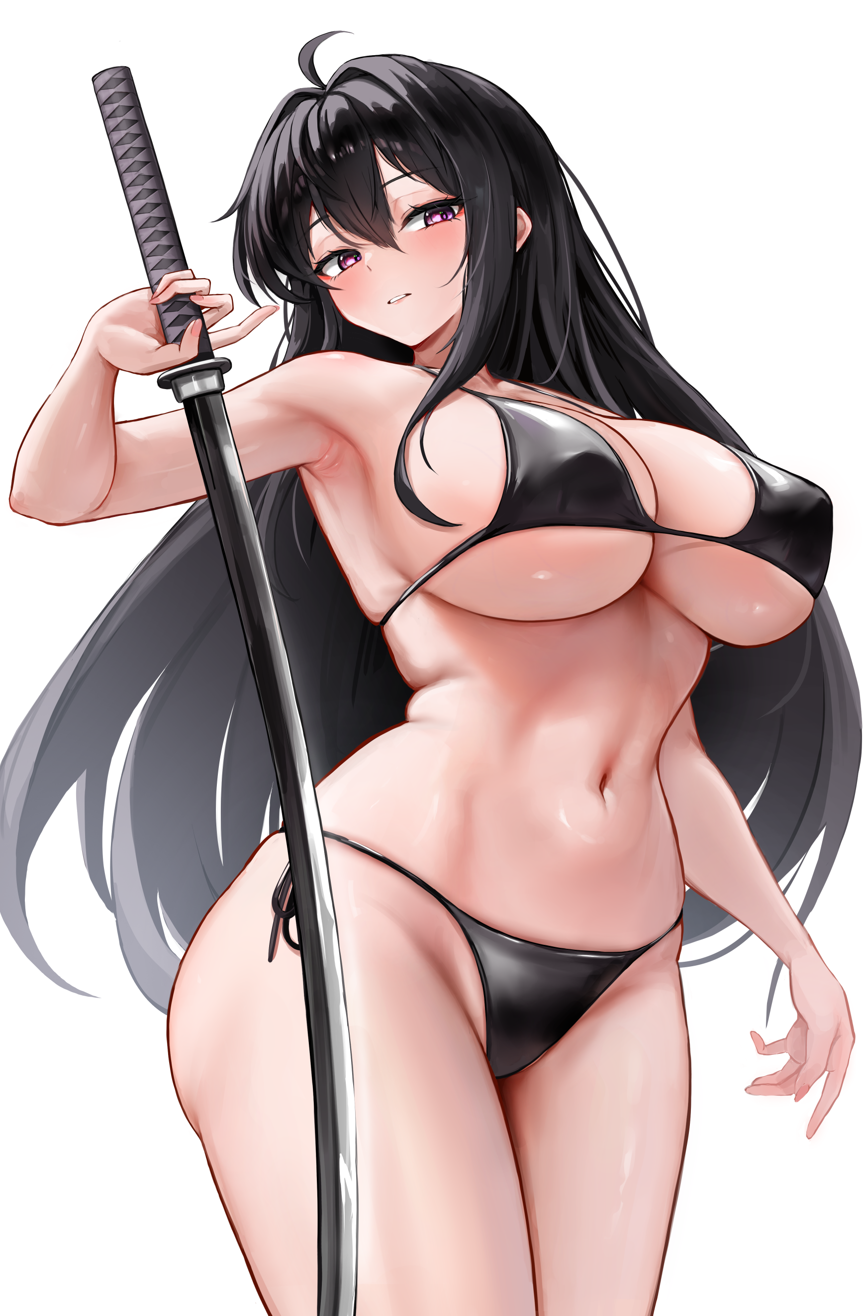 original, absurdres, artist request, commentary request, commission, highres, korean commentary, second-party source, 1girl, ahoge, armpits, bikini, black bikini, black hair, breasts, cowboy shot, holding, holding sword, holding weapon, katana, large breasts, long hair, looking at viewer, navel, parted lips, purple eyes, simple background, solo, stomach, swimsuit, sword, weapon, white background