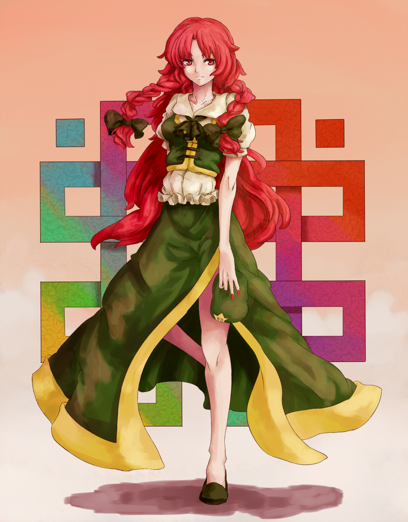 shibasaki shouji, hong meiling, embodiment of scarlet devil, touhou, bad id, bad pixiv id, 1girl, ascot, beret, braid, curly hair, dress, female focus, hair ribbon, hat, hat ornament, holding, holding unworn clothes, holding unworn hat, legs, long hair, nail polish, red eyes, red hair, red nails, ribbon, side braid, side slit, smile, solo, star (symbol), twin braids, unworn hat, unworn headwear, very long hair, vest