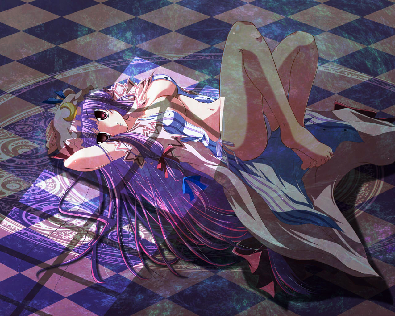 na! (na'mr), patchouli knowledge, touhou, 1girl, breasts, cleavage, female focus, magic circle, open clothes, open shirt, panties, shirt, solo, underwear