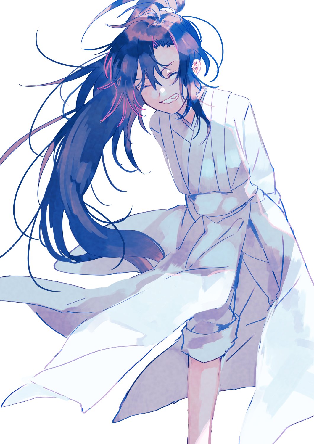 amana raika, wei wuxian, modao zushi, highres, 1boy, ^ ^, ahoge, alternate costume, androgynous, arms behind back, black hair, blue theme, chinese clothes, closed eyes, facing viewer, fang, feet out of frame, floating hair, grin, hair between eyes, hanfu, high ponytail, leaning forward, limited palette, long hair, long sleeves, male focus, pants, pants rolled up, ponytail, robe, sidelocks, simple background, smile, solo, standing, very long hair, white background, white hanfu, white pants