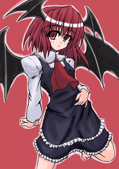 kurousou, koakuma, embodiment of scarlet devil, touhou, 1girl, female focus, head wings, red background, solo, wings