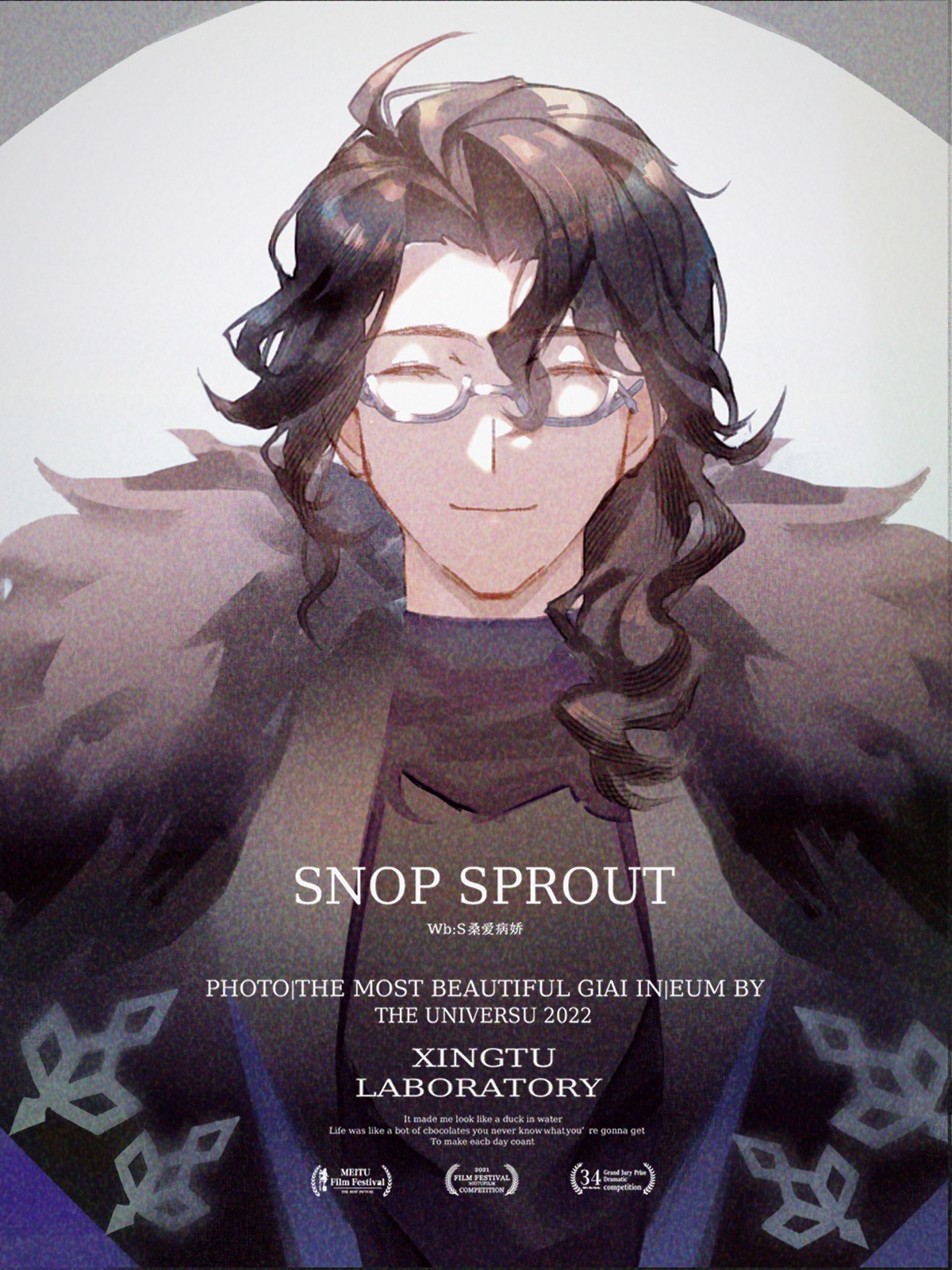 ssang721, pantalone (genshin impact), genshin impact, chinese commentary, commentary request, highres, 1boy, ^ ^, ahoge, asymmetrical sidelocks, black hair, black shirt, closed eyes, closed mouth, coat, curtained hair, english text, eyewear strap, facing viewer, fatui coat, fur-trimmed coat, fur trim, glasses, grey-framed eyewear, hair between eyes, lapels, male focus, medium hair, semi-rimless eyewear, shirt, sidelocks, simple background, smile, solo, straight-on, turtleneck, turtleneck shirt, under-rim eyewear, upper body, wavy hair, white background, white coat
