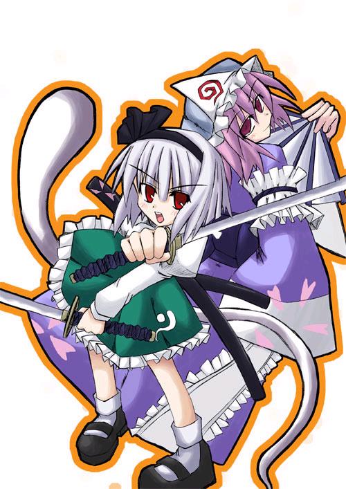 kurousou, konpaku youmu, konpaku youmu (ghost), saigyouji yuyuko, touhou, silver hair, 2girls, female focus, folding fan, hand fan, hat, katana, mob cap, multiple girls, orange outline, outline, pink eyes, pink hair, red eyes, short hair, simple background, sword, weapon, white background