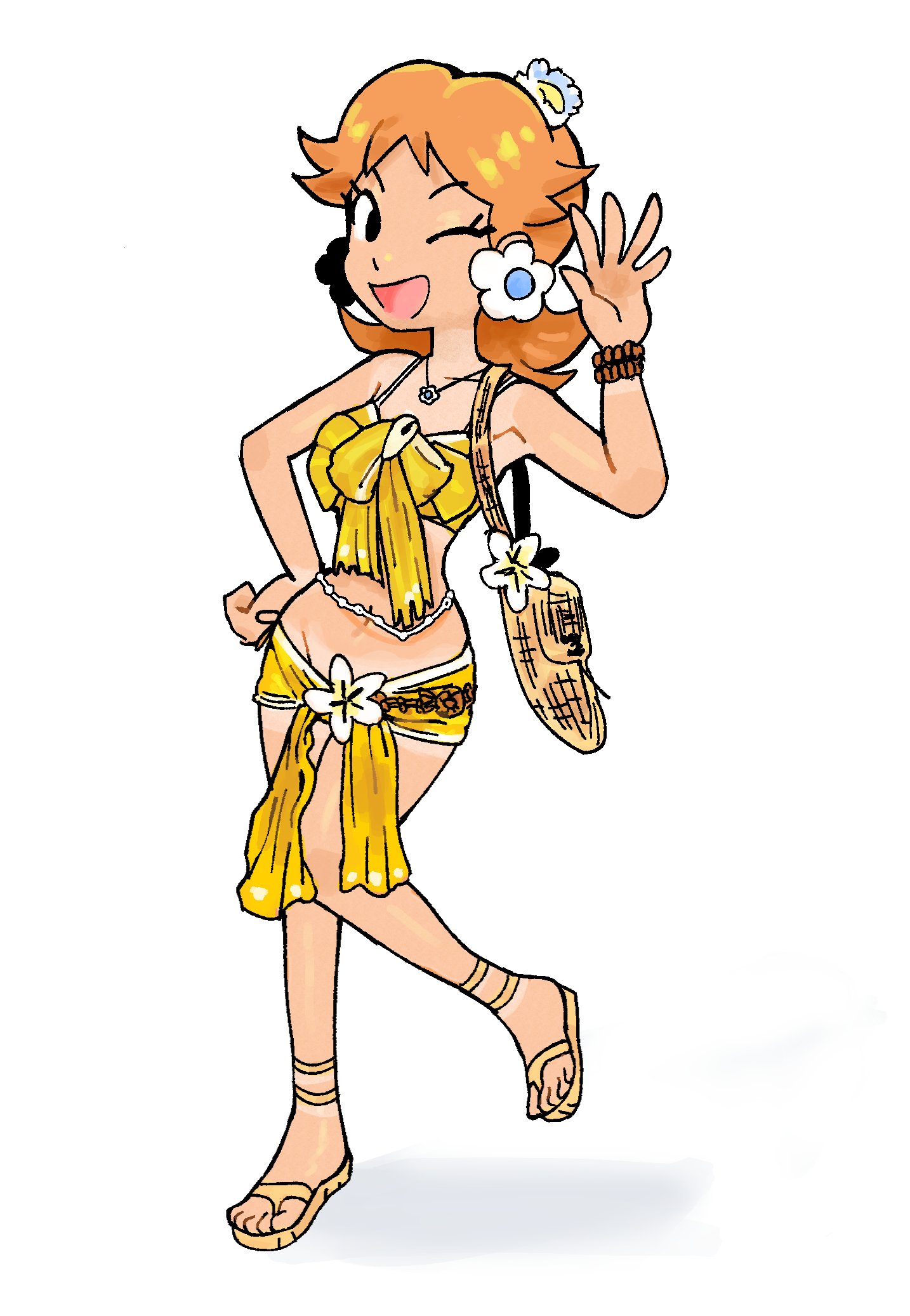 1her0, princess daisy, mario (series), nintendo, highres, 1girl, alternate costume, armpits, bead bracelet, beads, belly chain, bikini, bikini shorts, black eyes, bracelet, brown hair, earrings, flipped hair, flower, flower earrings, flower pendant, full body, hair flower, hair ornament, hand on own hip, hand up, hat, jewelry, looking at viewer, medium hair, navel, one eye closed, sandals, shorts, solo, standing, standing on one leg, straw hat, swimsuit, tan, tanline, unworn hat, unworn headwear, waving, yellow bikini