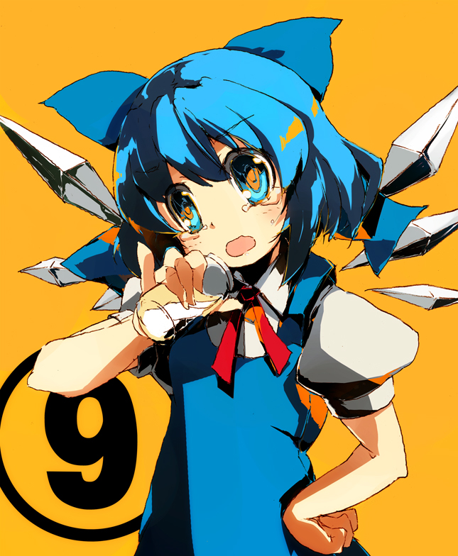 kitano yuusuke, cirno, embodiment of scarlet devil, touhou, 1girl, circled 9, drinking, female focus, pinky out, solo, tears