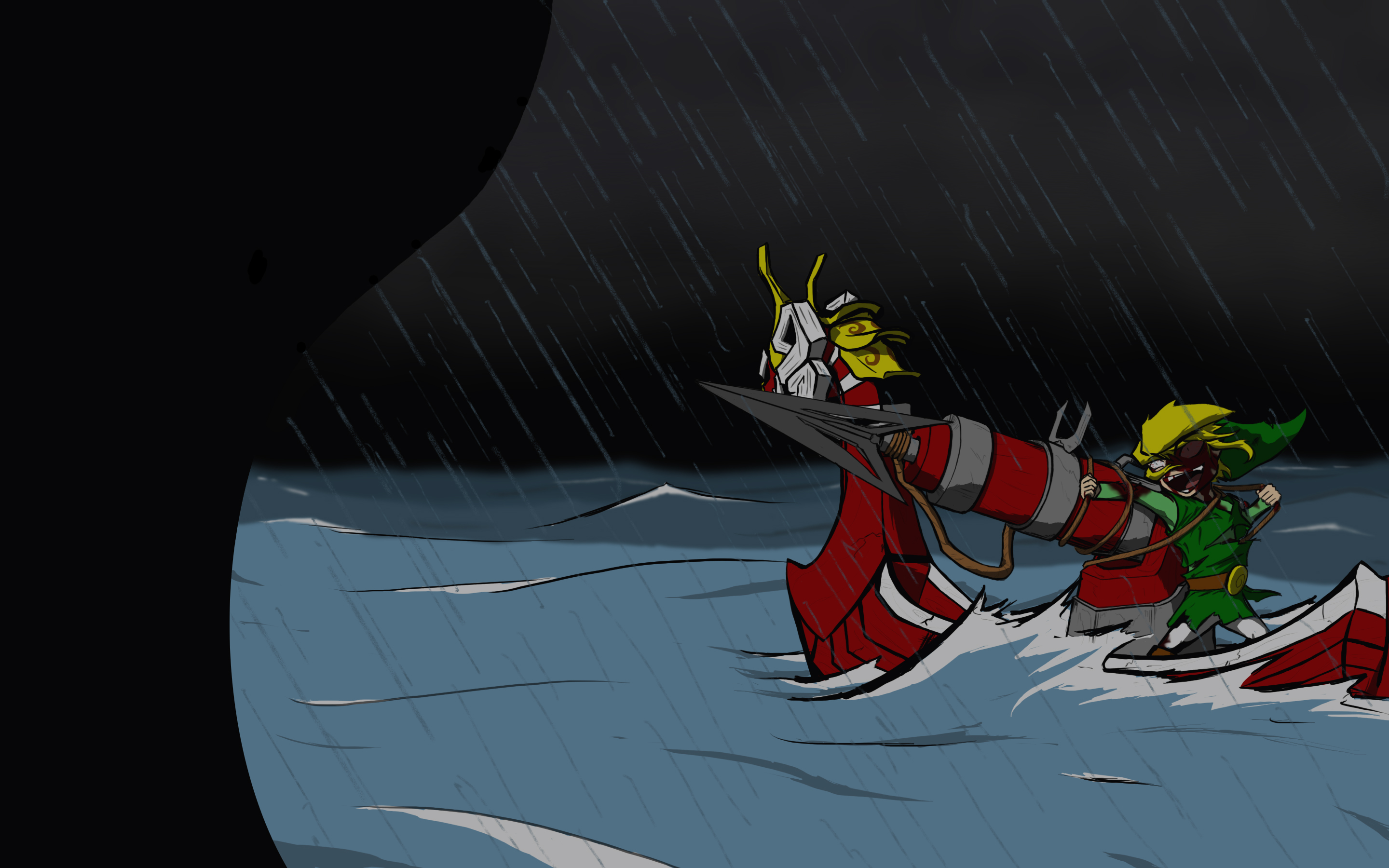 link, the king of red lions, toon link, nintendo, the legend of zelda, the legend of zelda: the wind waker, highres, 1boy, blonde hair, blood, blood on face, boat, crazy eyes, epic, grapnel, hat, hookshot, injury, male focus, storm, torn clothes, watercraft