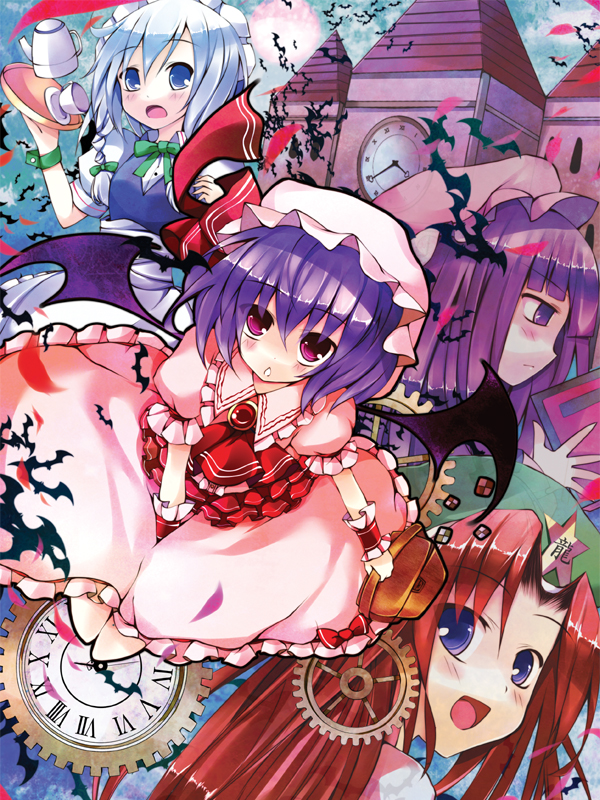 hoshikuzu, hong meiling, izayoi sakuya, patchouli knowledge, remilia scarlet, embodiment of scarlet devil, touhou, bad id, 4girls, :d, :o, blue eyes, blunt bangs, blush, building, clock, female focus, gears, looking at viewer, mansion, multiple girls, open mouth, parted lips, roman numeral, scarlet devil mansion, smile, tareme