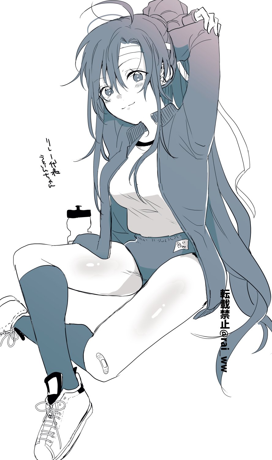 amana raika, wei wuxian, modao zushi, commentary request, highres, 1girl, ahoge, alternate costume, arms behind head, arms up, bandaid, bandaid on knee, bandaid on leg, blush, bottle, breasts, buruma, closed mouth, contemporary, dated, full body, genderswap, genderswap (mtf), gym uniform, hair between eyes, headband, jacket, kneehighs, long hair, long sleeves, looking at viewer, medium breasts, monochrome, open clothes, open jacket, ponytail, shirt, shoes, sidelocks, signature, simple background, sitting, smile, sneakers, socks, solo, stretching, track jacket, twitter username, very long hair, water bottle, white background