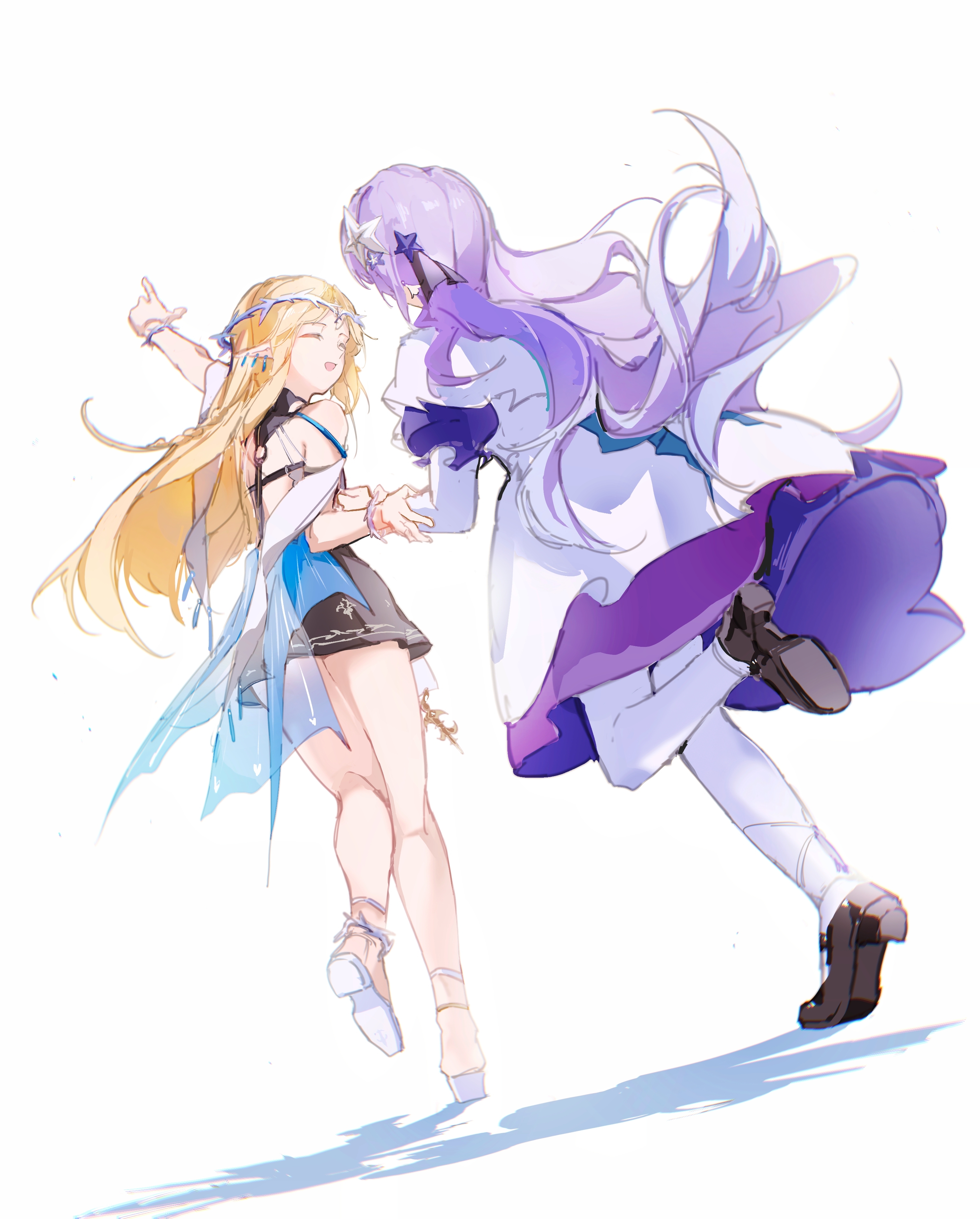 coloki, cantarella (wuthering waves), cartethyia (wuthering waves), wuthering waves, absurdres, chinese commentary, commentary request, highres, 2girls, aged down, alternate universe, bare shoulders, black dress, black shoes, blonde hair, closed eyes, crown of thorns, dress, earrings, facing another, grabbing another's arm, hair ornament, jewelry, long hair, multiple earrings, multiple girls, open mouth, pantyhose, pointing, pointing forward, pointy ears, purple hair, shoes, smile, white dress, white pantyhose