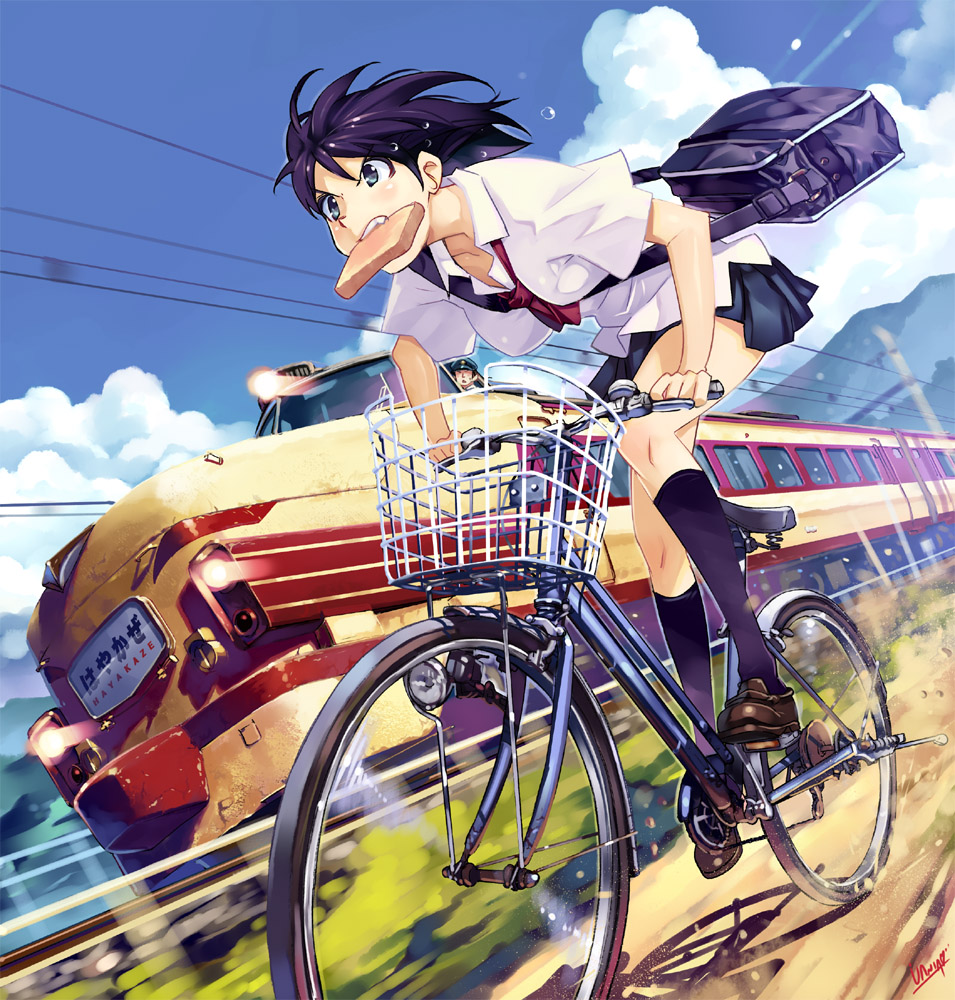 vania600, original, md5 mismatch, resolution mismatch, source smaller, 1girl, ascot, bag, basket, between breasts, bicycle, black eyes, black hair, black skirt, black socks, blouse, blue eyes, bread, bread slice, breasts, cloud, day, dutch angle, female focus, food, food in mouth, kneehighs, loafers, motion blur, mouth hold, multiple unit train, outdoors, overhead line, perspective, pleated skirt, power lines, racing, riding, road, school bag, school uniform, shirt, shoes, short hair, short sleeves, shoulder bag, signature, skirt, sky, socks, solo, strap between breasts, sweat, toast, toast in mouth, train, white shirt, wing collar