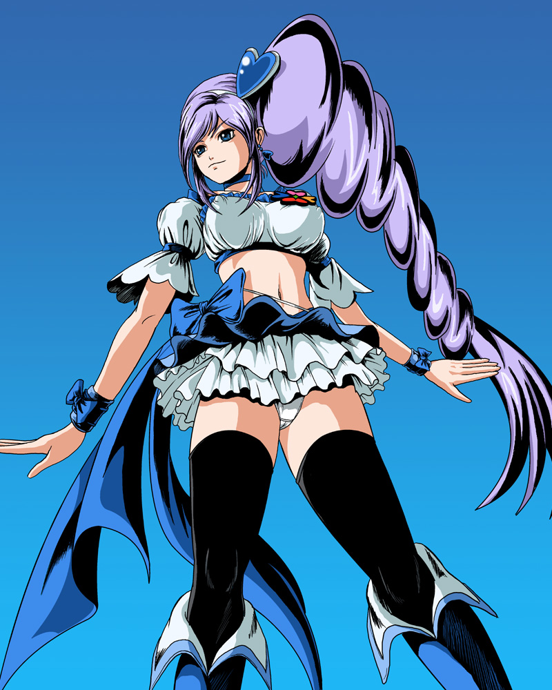 minakaya, aono miki, cure berry, fresh precure!, precure, bad id, bad pixiv id, 00s, 1girl, blue boots, blue eyes, boots, drill hair, female focus, hair ornament, heart, heart hair ornament, knee boots, long hair, magical girl, midriff, panties, purple hair, solo, thighhighs, underwear, upskirt
