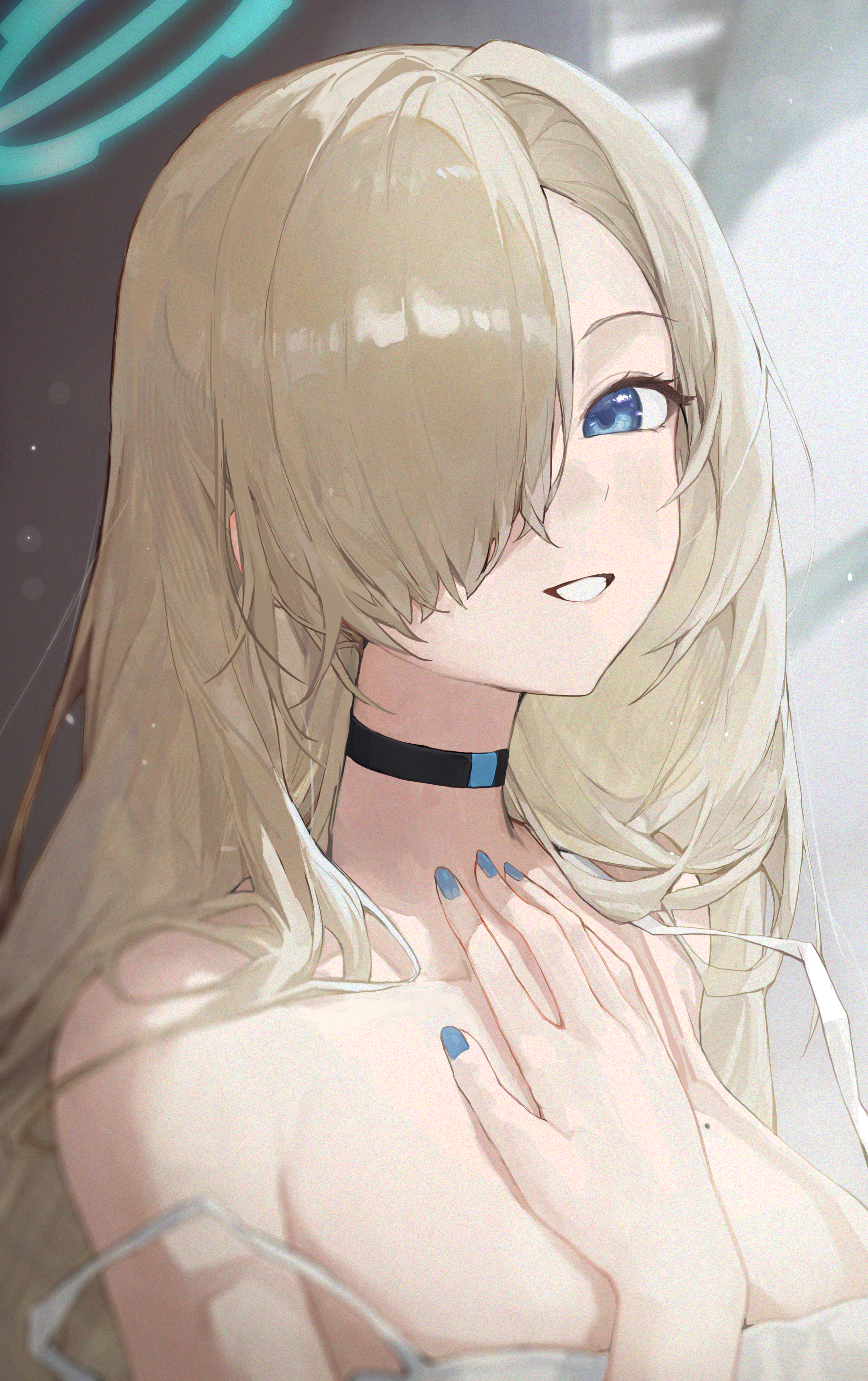 jianjia, asuna (blue archive), blue archive, absurdres, commentary, highres, 1girl, bare shoulders, black choker, blonde hair, blue eyes, blue halo, blue nails, breasts, choker, cleavage, fingernails, hair over one eye, halo, large breasts, long hair, looking at viewer, mole, mole on breast, nail polish, solo, upper body