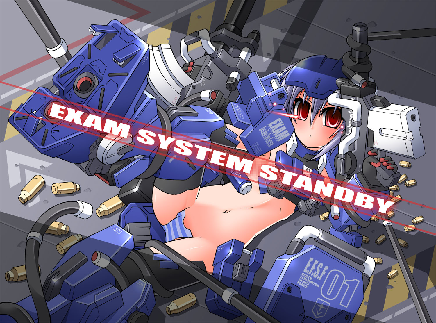 jun'you maru, blue destiny 01, gundam, gundam side story: the blue destiny, striped, 1girl, bullet, c-string, female focus, gun, machine, machine gun, maebari, mecha musume, red eyes, revealing clothes, shell casing, solo, spread legs, strapless bottom, weapon, white hair