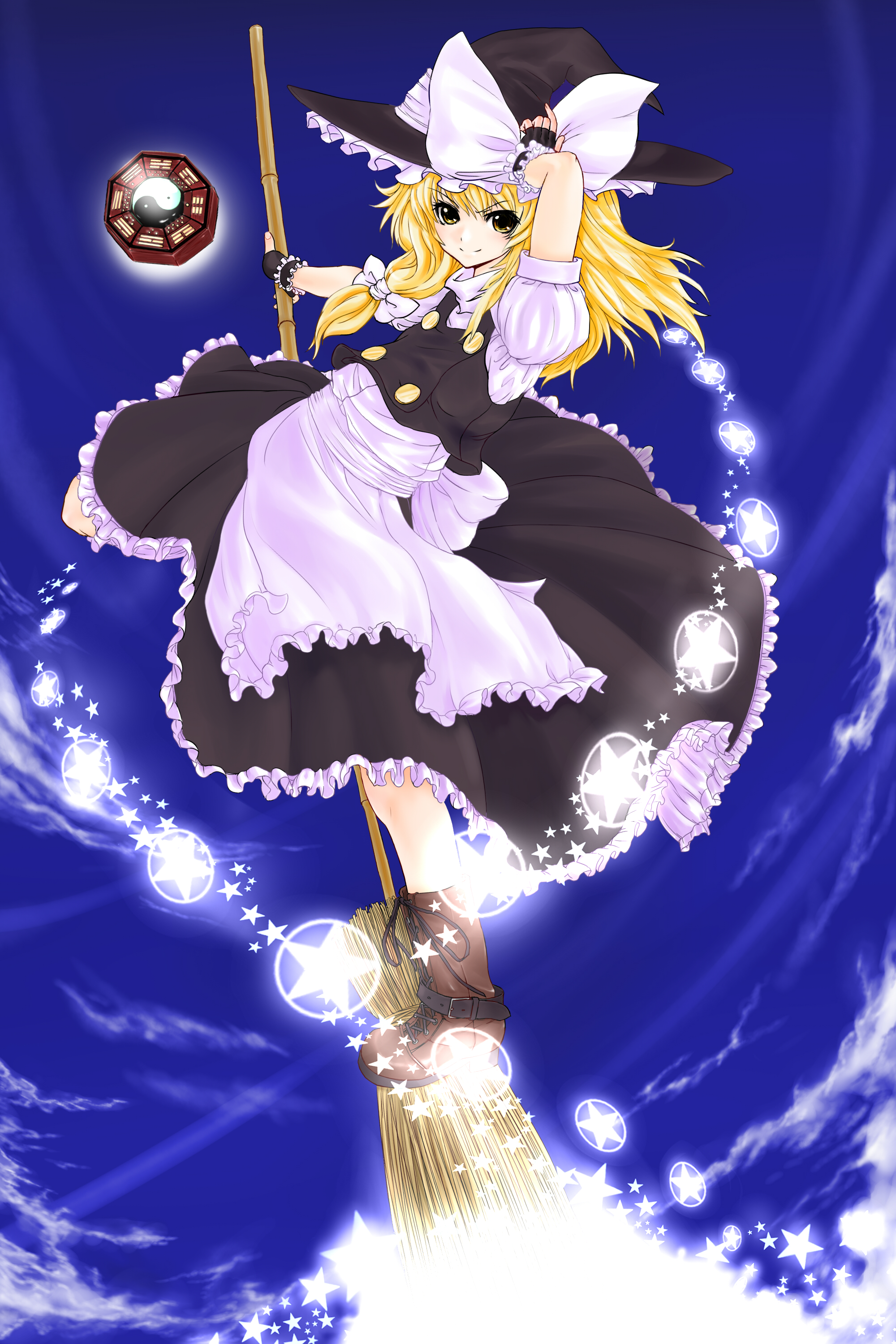 puspus, kirisame marisa, touhou, absurdres, bad id, bad pixiv id, highres, 1girl, blonde hair, broom, female focus, hat, mini-hakkero, solo, witch, witch hat