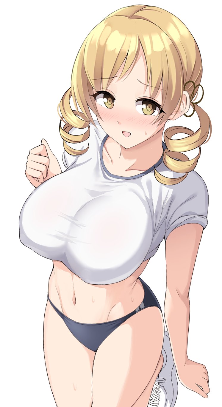 zwei (santanawamuujojo), tomoe mami, mahou shoujo madoka magica, mahou shoujo madoka magica (anime), commentary request, highres, 1girl, arm at side, black buruma, blonde hair, blush, breasts, buruma, cleavage, drill hair, gym shirt, large breasts, long hair, navel, open mouth, shirt, shoes, smile, sneakers, solo, twin drills, white background, white shirt, white shoes, yellow eyes