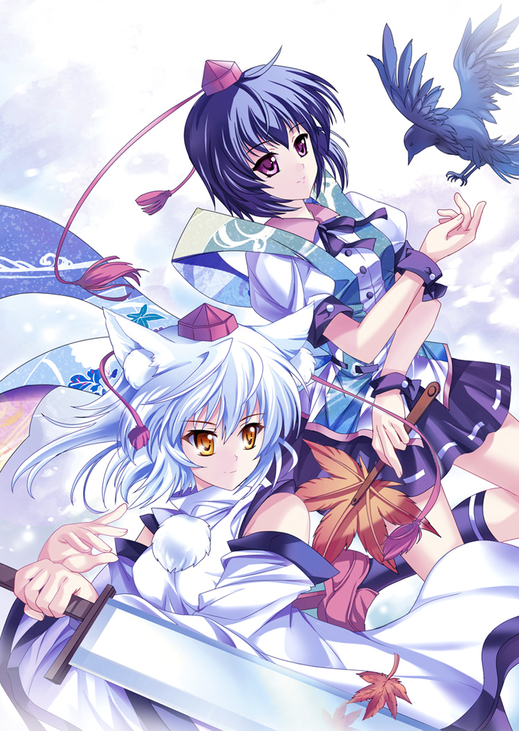 pico (picollector79), inubashiri momiji, shameimaru aya, touhou, bad id, bad pixiv id, 2girls, bird, crow, female focus, geta, hand fan, hat, leaf, multiple girls, sword, tengu-geta, tokin hat, weapon