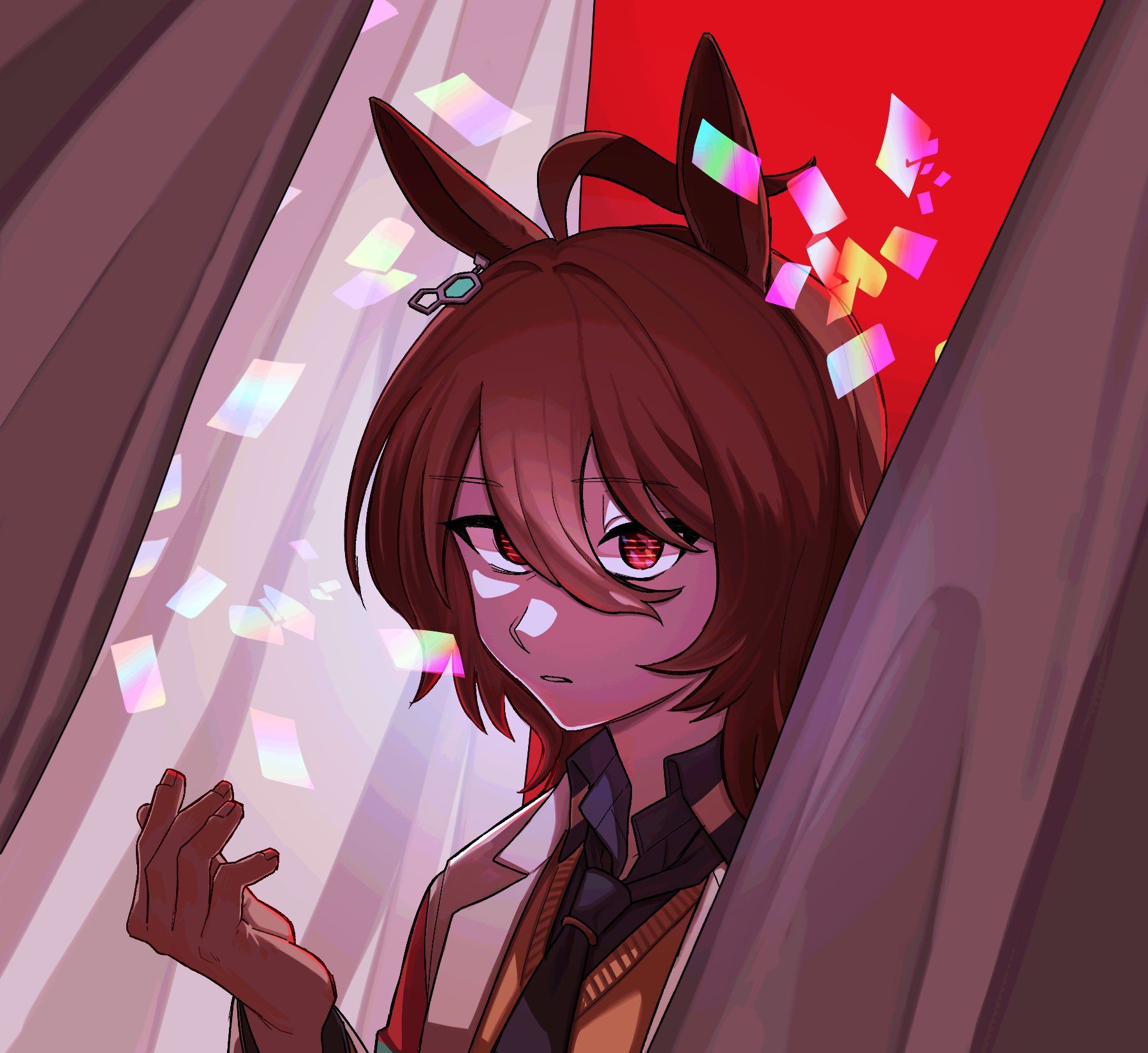 rkrkmnab, agnes tachyon (umamusume), umamusume, commentary request, highres, 1girl, ahoge, animal ears, black necktie, black shirt, brown hair, collared shirt, ear ornament, ear tag, earrings, hair between eyes, hand up, horse ears, horse girl, jewelry, necktie, parted lips, red eyes, shirt, short hair, single earring, solo, sweater, yellow sweater