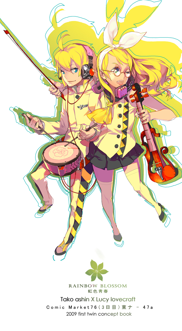 bechoco, ina (mikamixx), kagamine len, kagamine rin, vocaloid, bad id, bad pixiv id, 1boy, 1girl, blonde hair, brother and sister, drum, glasses, guitar, instrument, siblings, thighhighs, twins, zettai ryouiki