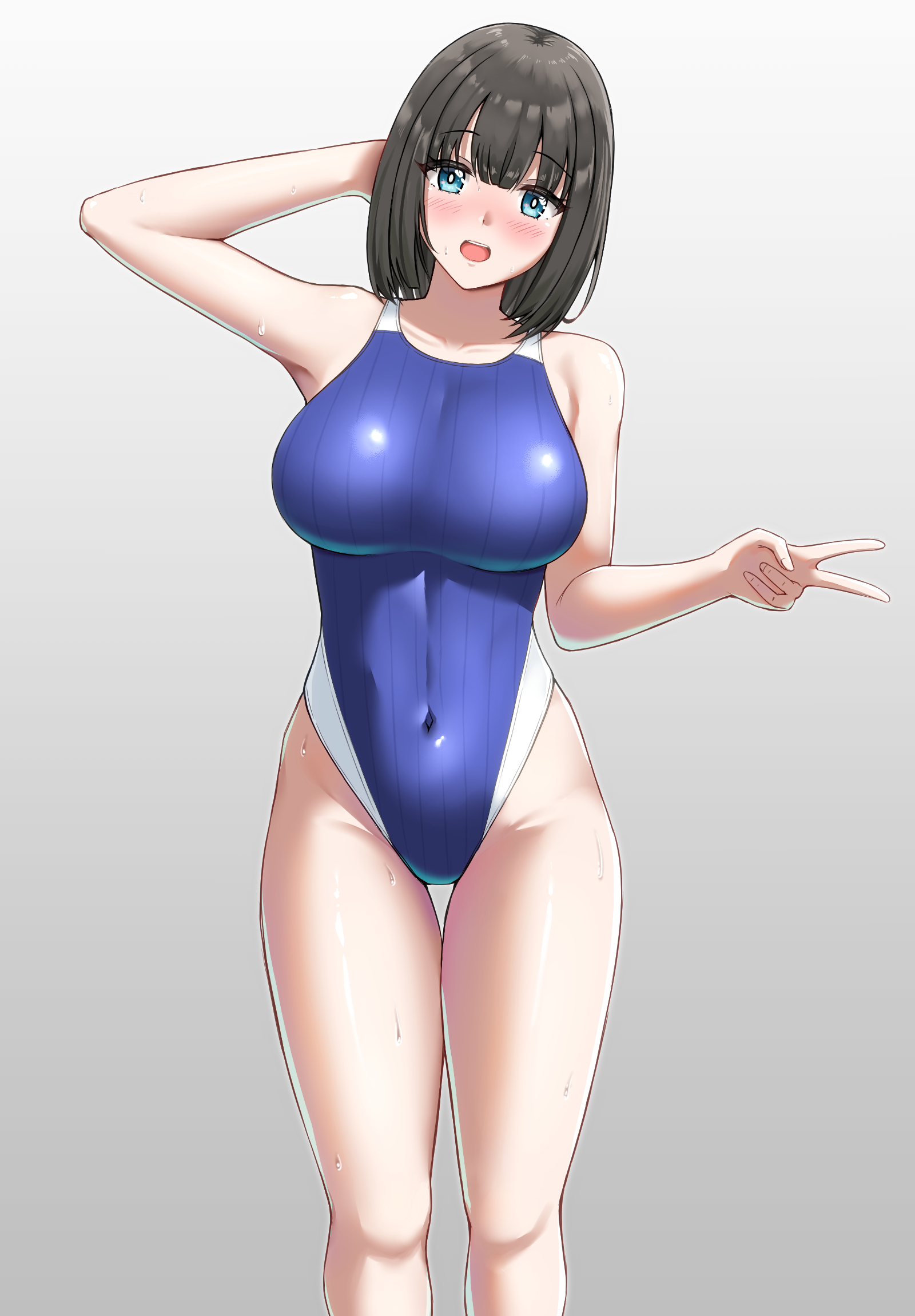 taurus (cor-tauri-0426), original, commentary request, highres, 1girl, black hair, blue eyes, blue one-piece swimsuit, breasts, competition swimsuit, covered navel, feet out of frame, gradient background, grey background, highleg, highleg one-piece swimsuit, large breasts, medium breasts, one-piece swimsuit, solo, swimsuit, thigh gap, two-tone swimsuit, v