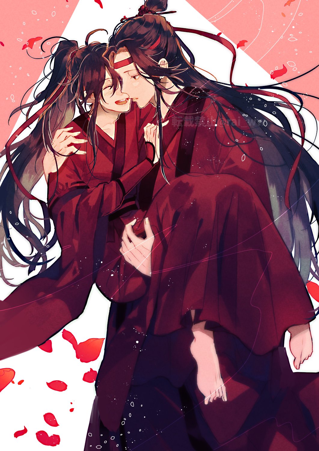 amana raika, lan wangji, wei wuxian, modao zushi, commentary request, highres, 2boys, ahoge, alternate costume, barefoot, bishounen, black hair, carrying, chinese clothes, chinese wedding, closed eyes, closed mouth, couple, dress, falling petals, hair ribbon, hanfu, headband, husband and husband, light particles, long hair, long sleeves, looking at another, male focus, multiple boys, open mouth, petals, ponytail, princess carry, red hanfu, red headband, red petals, red ribbon, ribbon, robe, sidelocks, smile, topknot, watermark, wedding dress, white background, wide sleeves, xiao guan (headdress), yaoi