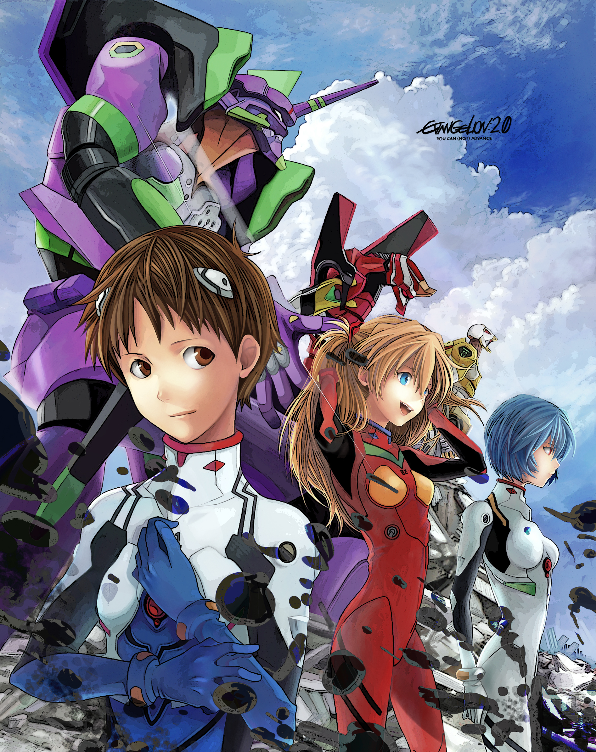 kari kenji, ayanami rei, eva 00, eva 01, eva 02, ikari shinji, souryuu asuka langley, evangelion: 2.0 you can (not) advance, neon genesis evangelion, rebuild of evangelion, bad id, bad pixiv id, highres, 00s, 1boy, 2girls, androgynous, blue eyes, blue hair, blue sky, brown hair, long hair, mecha, mecha pilot suit, multiple girls, plugsuit (evangelion), red eyes, robot, sky