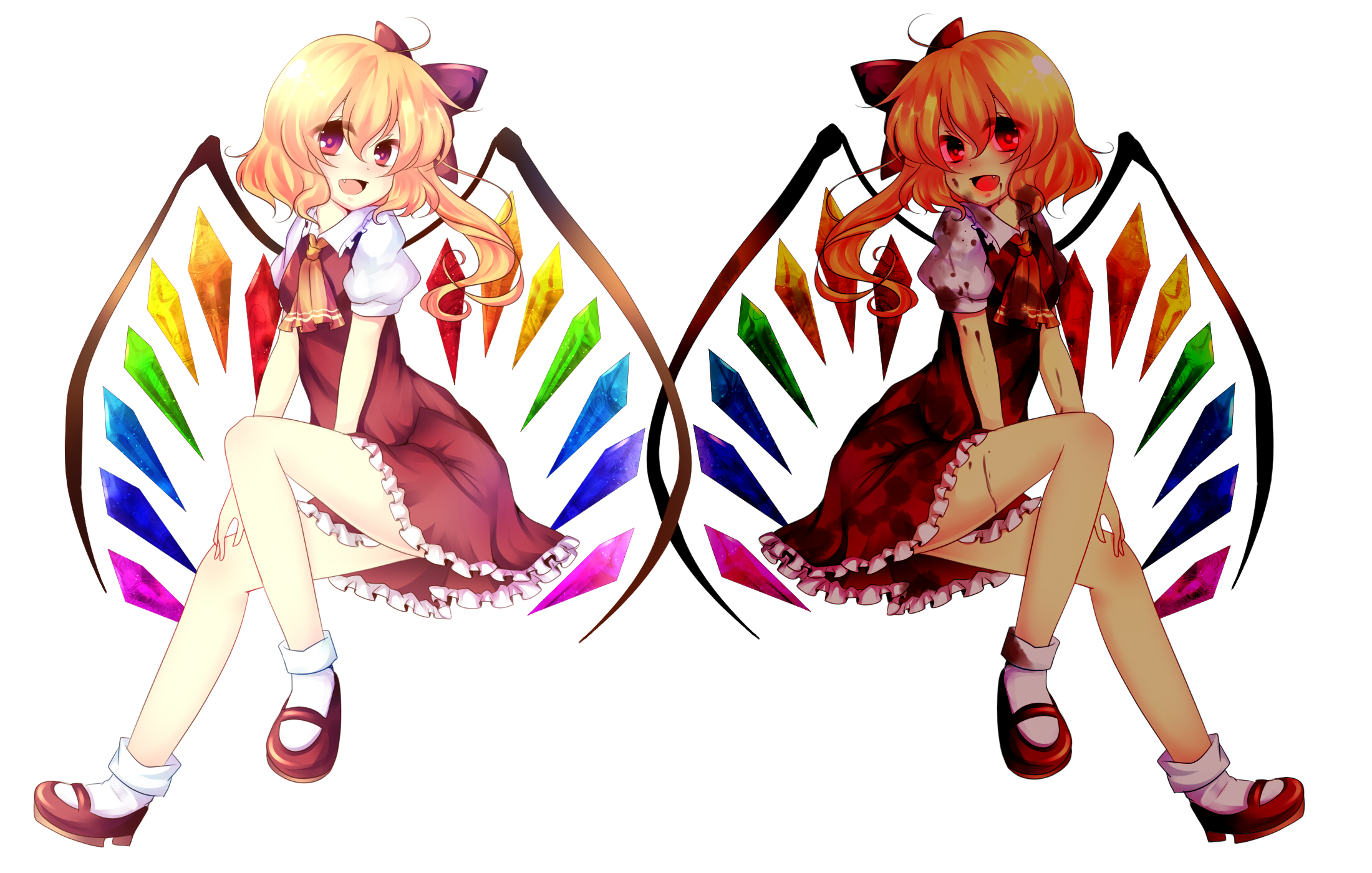 uranaishi (miraura), flandre scarlet, touhou, bad id, bad pixiv id, highres, 1girl, blood, dual persona, female focus, short hair with long locks, solo, symmetry