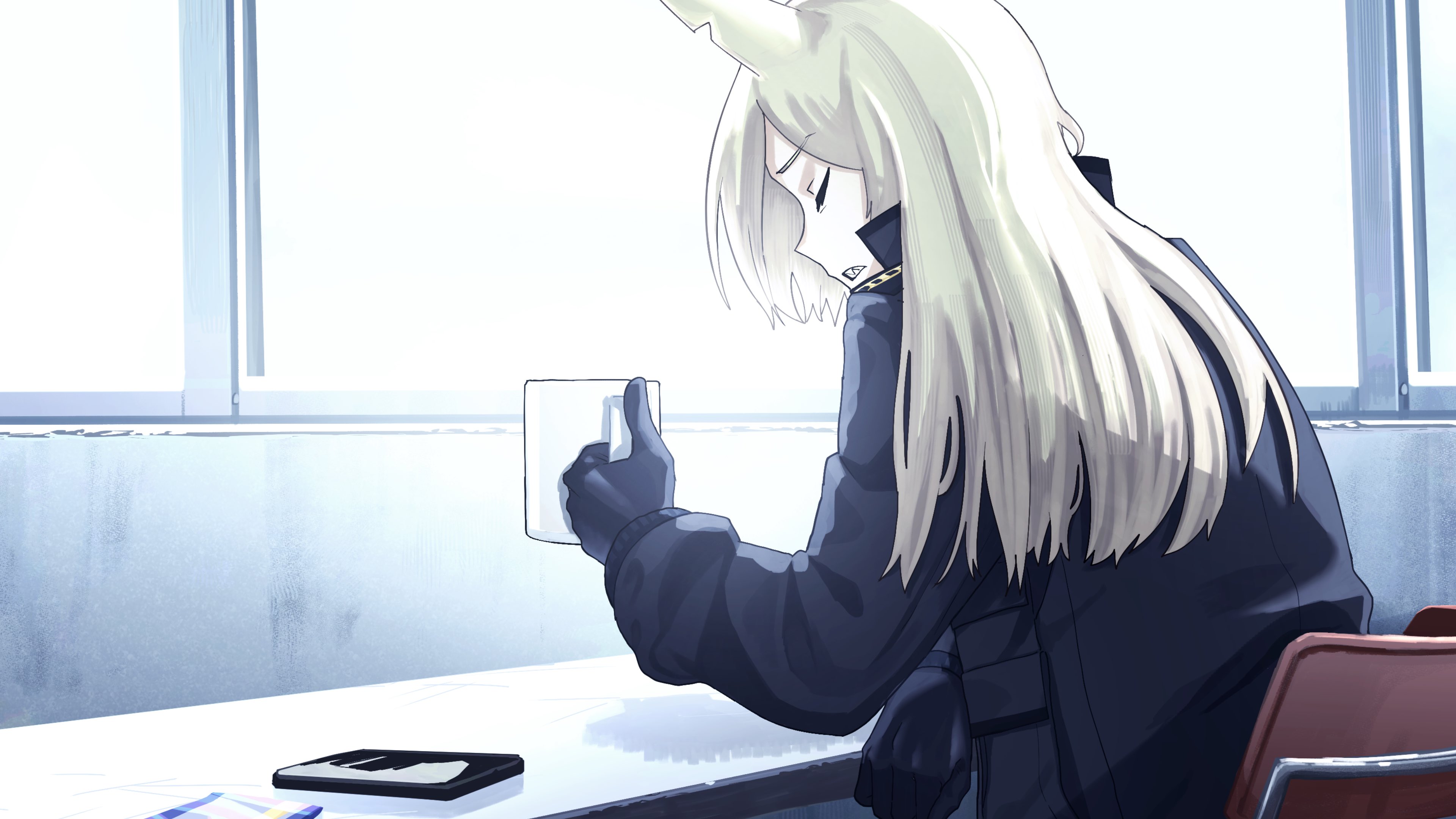 rkrkmnab, kanna (blue archive), blue archive, absurdres, commentary request, highres, 1girl, animal ears, arm on table, black gloves, black jacket, blonde hair, cellphone, chair, closed eyes, cup, dog ears, dog girl, gloves, holding, holding cup, jacket, long hair, long sleeves, mug, notched ear, parted lips, phone, sharp teeth, sitting, sleeping, smartphone, solo, teeth, window