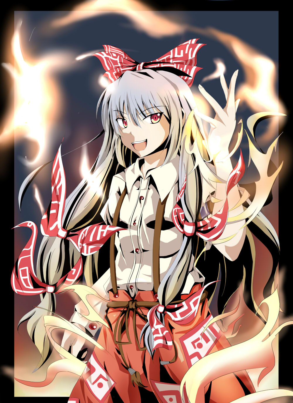 shino (moment), fujiwara no mokou, touhou, silver hair, highres, 1girl, bow, female focus, fire, gradient background, hair ribbon, long hair, red eyes, ribbon, solo, standing, suspenders
