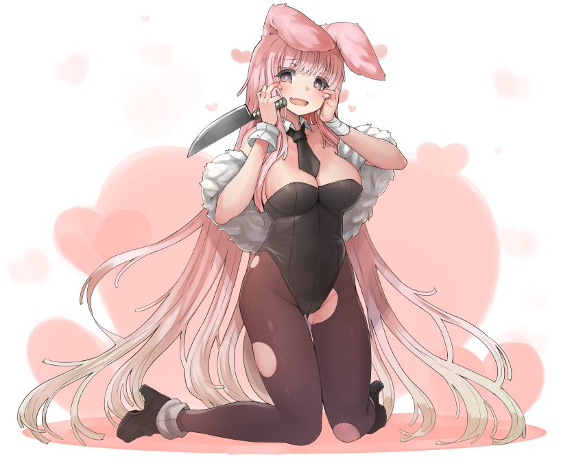 itou ryuusei, original, commentary request, 1girl, black leotard, black necktie, black shoes, blonde hair, breasts, brown pantyhose, cleavage, detached collar, full body, gluteal fold, gradient hair, holding, holding knife, knife, leotard, long hair, multicolored hair, necktie, pantyhose, pink hair, purple eyes, shoes, solo, torn clothes, torn pantyhose, two-tone hair, white wrist cuffs, wrist cuffs