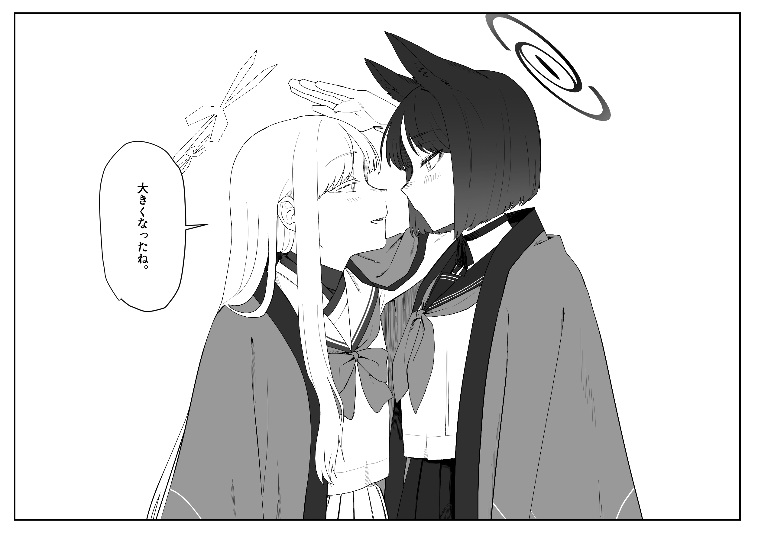 rkrkmnab, kikyou (blue archive), nagusa (blue archive), blue archive, commentary request, highres, translation request, 2girls, animal ears, blush, bob cut, bow, bowtie, cat ears, cat girl, closed mouth, embarrassed, flustered, greyscale, halo, height difference, long hair, looking at another, monochrome, multiple girls, neck ribbon, neckerchief, parted lips, pleated skirt, ribbon, sailor collar, shirt, short hair, sidelocks, skirt, smile, speech bubble, yuri