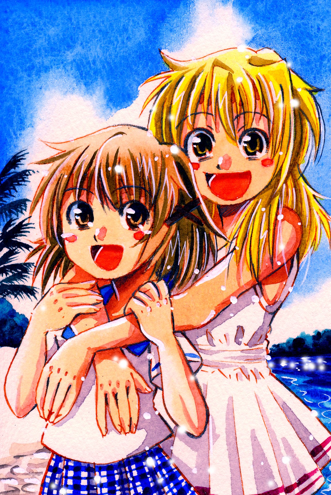 occhii, miyako (hidamari sketch), yuno (hidamari sketch), hidamari sketch, highres, nib pen (medium), painting (medium), pen (medium), traditional media, watercolor (medium), 00s, 2girls, beach, blonde hair, blush stickers, brown hair, day, happy, hug, multiple girls, sky