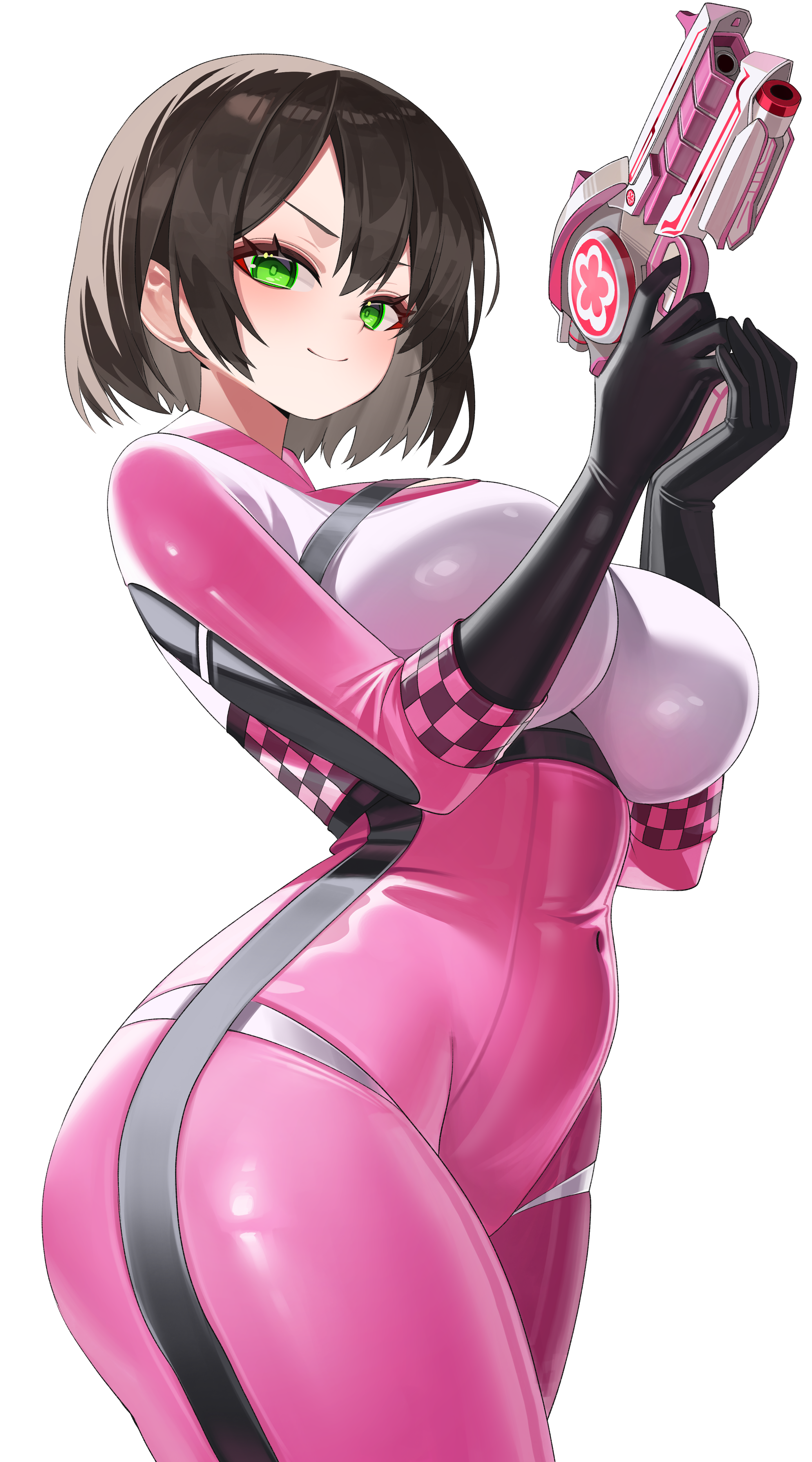 gimseol, original, absurdres, commission, highres, 1girl, black hair, bodysuit, breasts, checkered clothes, cleavage, closed mouth, covered navel, cowboy shot, green eyes, gun, handgun, holding, holding gun, holding weapon, impossible bodysuit, impossible clothes, large breasts, pink bodysuit, short hair, simple background, smile, solo, v-shaped eyebrows, weapon, white background