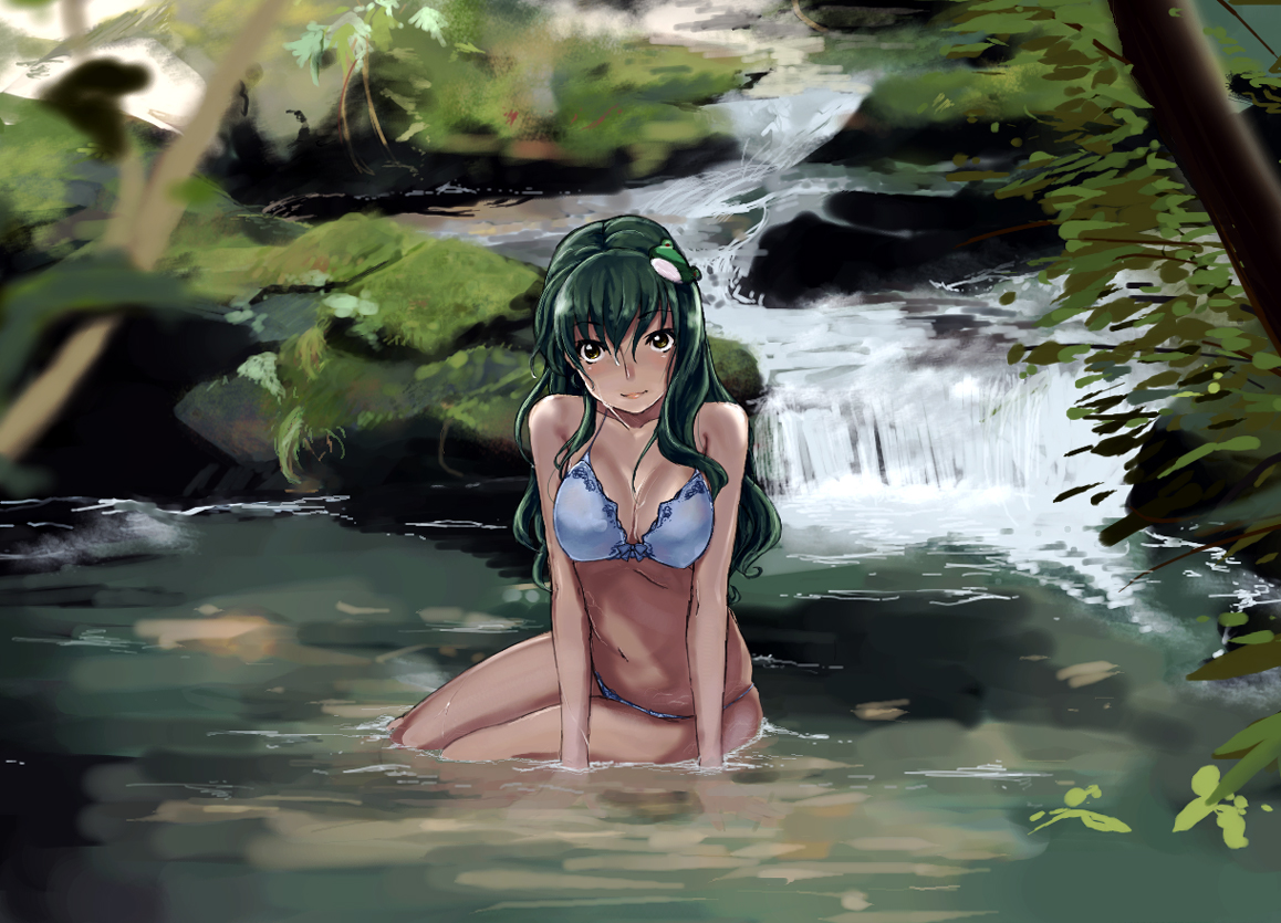 kirisato itsuki, kochiya sanae, touhou, 1girl, bikini, breasts, cleavage, female focus, frog, green eyes, green hair, hair ornament, matching hair/eyes, nature, sitting, solo, stream, swimsuit, water, wet, yokozuwari