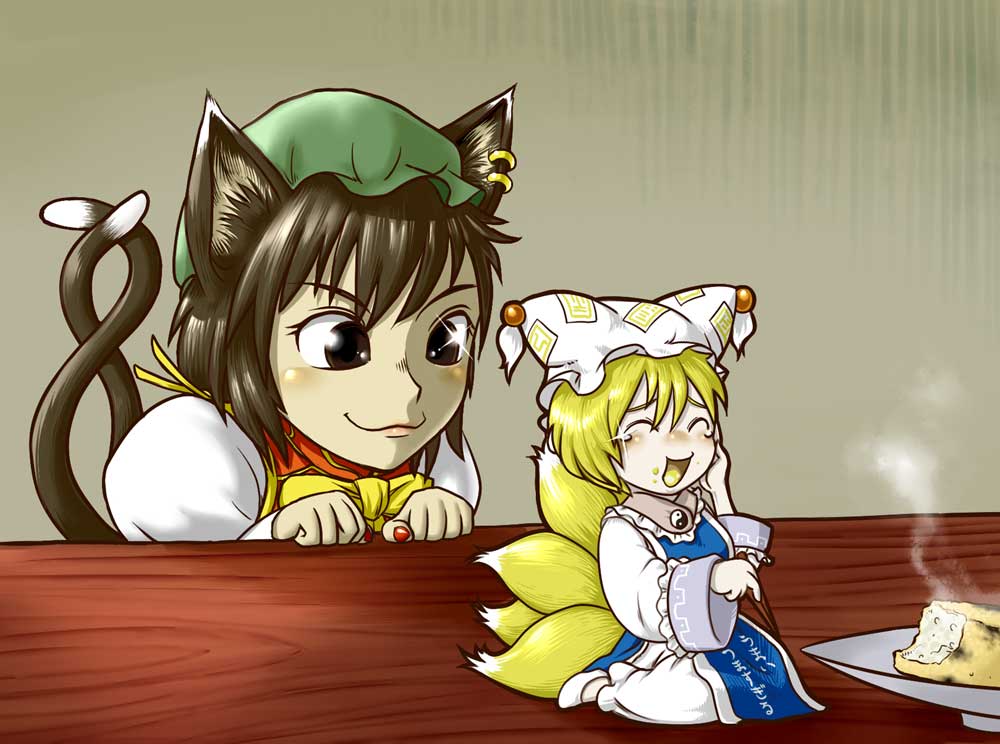 leex, chen, yakumo ran, touhou, 2girls, animal ears, animal hat, blonde hair, brown hair, cat ears, cat girl, cat tail, cheese, chopsticks, earrings, eating, female focus, food, fox tail, hat, holding, jewelry, long sleeves, mini person, minigirl, mob cap, multiple girls, multiple tails, nail polish, short hair, smile, tail, tassel, wide sleeves