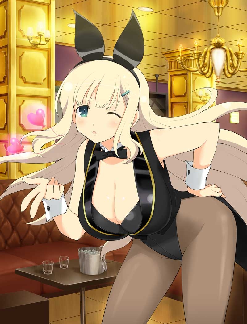yomi (senran kagura), senran kagura, senran kagura new wave, senran kagura shoujo-tachi no shin'ei, official art, 1girl, ;o, animal ear hairband, animal ears, aqua eyes, black bow, black bowtie, black leotard, black vest, blonde hair, blowing kiss, blunt bangs, blush, bow, bowtie, breasts, brown pantyhose, bucket, candle, ceiling, ceiling light, chandelier, cleavage, couch, cup, detached collar, drinking glass, fake animal ears, fire, groin, hair ornament, hairband, hairclip, hand on own hip, heart, ice, indoors, large breasts, leotard, long hair, looking at viewer, nontraditional playboy bunny, one eye closed, pantyhose, parted lips, pig ears, puckered lips, shot glass, solo, table, tile ceiling, tile floor, tiles, very long hair, vest, w, white wrist cuffs, wrist cuffs