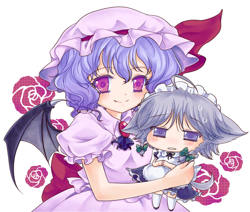 iris (artist), iris anemone, inu sakuya (nejikirio), izayoi sakuya, remilia scarlet, touhou, light purple hair, silver hair, 2girls, animal ears, bat wings, braid, chibi, dog ears, dog tail, fang, female focus, hat, multiple girls, purple eyes, red eyes, short hair, tail, twin braids, wings